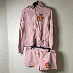 Women's Pink Hoodie and Shorts Set with Colorful Print